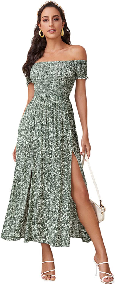 Women'S Boho Floral Print off Shoulder Split Long a Line Dress