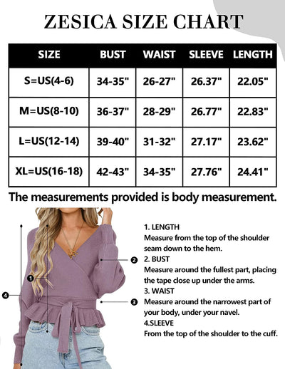 Women'S 2023 Fall Wrap V Neck Long Batwing Sleeve Belted Waist Ruffle Knitted Sweater Pullover Top