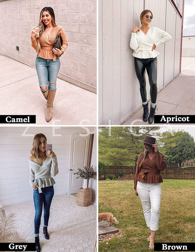 Women'S 2023 Fall Wrap V Neck Long Batwing Sleeve Belted Waist Ruffle Knitted Sweater Pullover Top