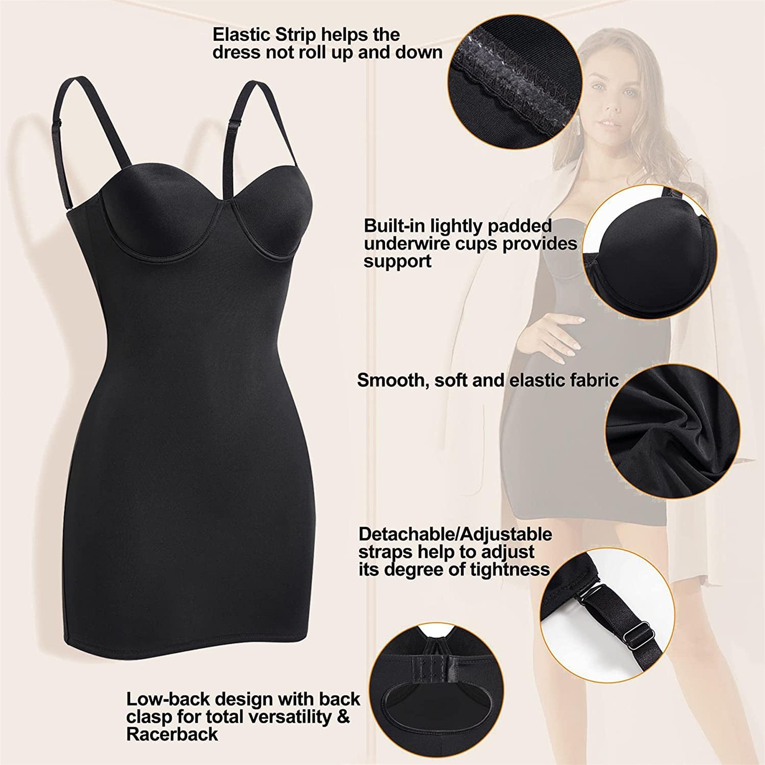 Women'S Dress Full Slip Shapewear Bodysuit Lingerie Body Shaper with Built-In Bra Tops Smooth Back