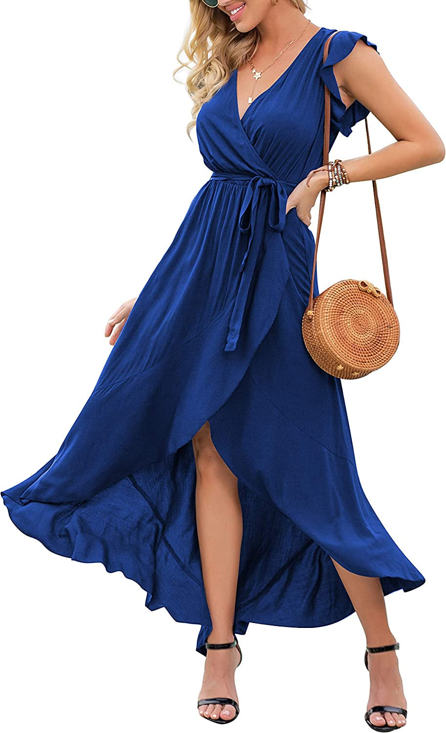 Women'S 2023 Summer Floral Print Cross V Neck Dress Bohemian Flowy Long Maxi Dresses