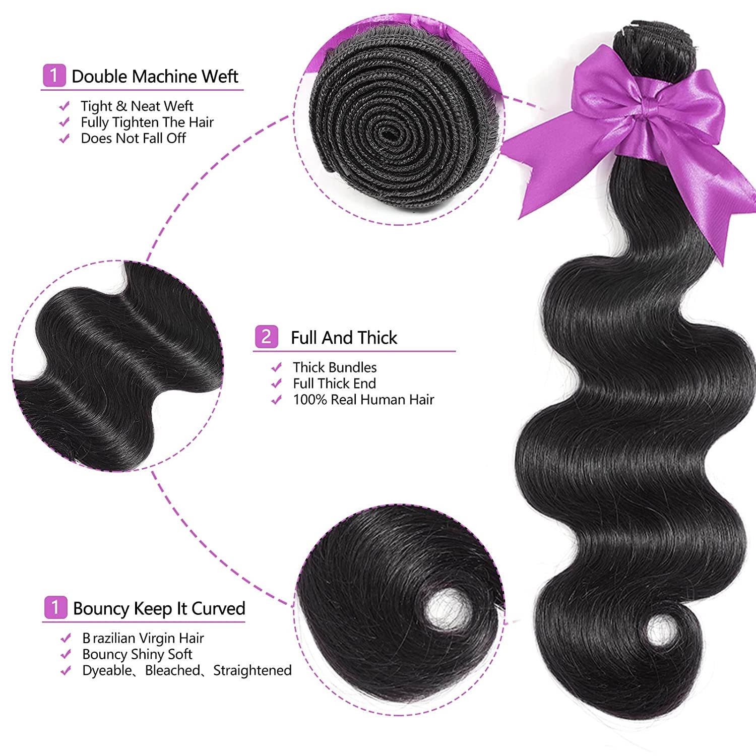 Body Wave Bundles 16 18 20 Inch 10A 3 Bundles Human Hair 100% Unprocessed Brazilian Virgin Human Hair Extensions Double Weft Anti-Shedding Bundles Natural Color Full and Thick