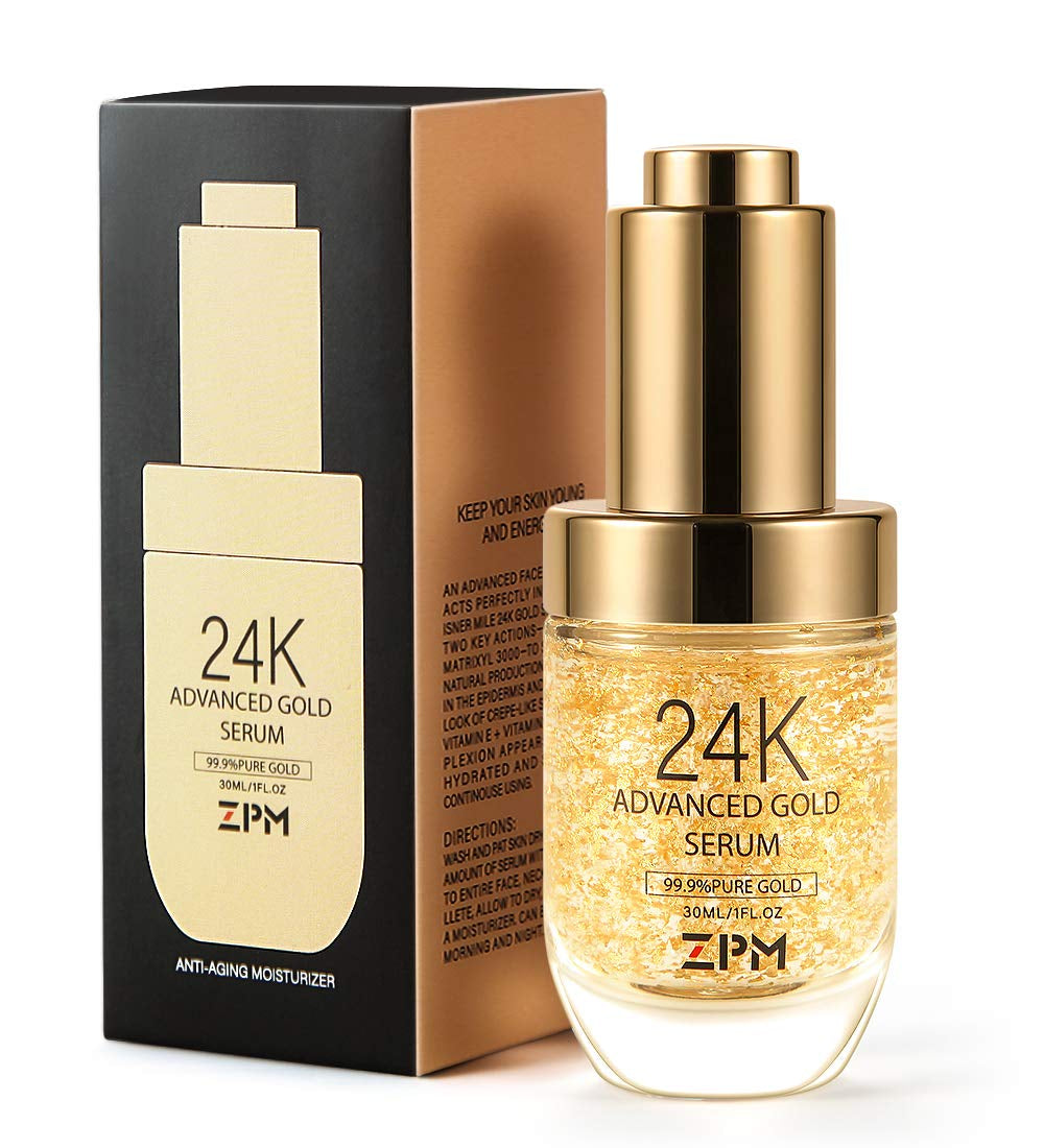 24K Gold anti Aging Face Serum Moisturizer Enriched with Vitamin C Serum, Hyaluronic Acid, Vitamin E Cream for Day and Night Wrinkle Reduction, Re-Activate Skin Youth (1FL.OZ)