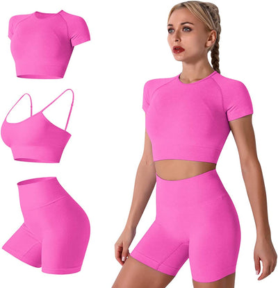 Women'S Yoga Outfit Seamless Workout Set High Waist Exercise Shorts Pants with Sport Bra 3PCS Tracksuit Gym Tracksuits