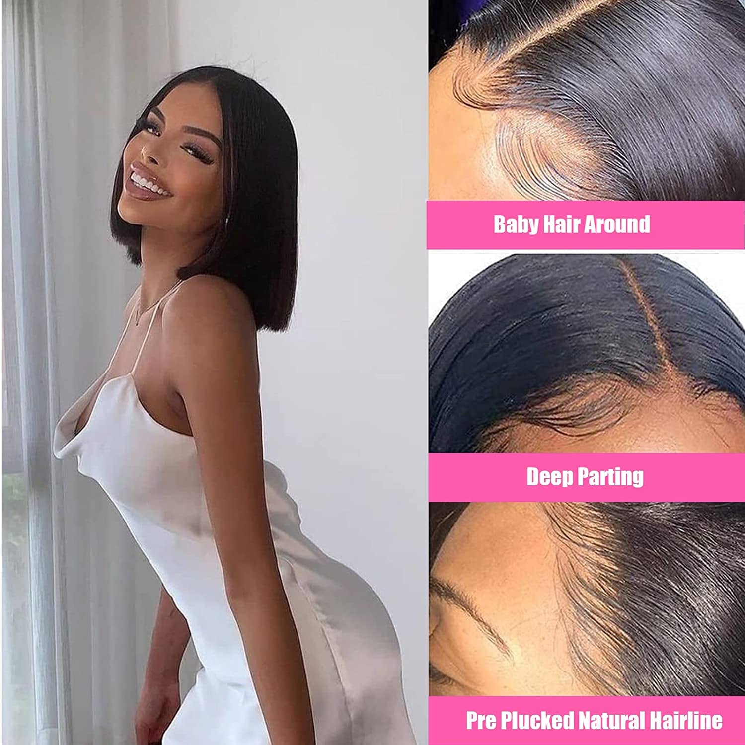 Lace Front Wigs Human Hair Bob Wigs for Black Women Human Hair Pre Plucked with Baby Hair 13X4 Lace Frontal Wig Human Hair Straight Short Bob Wigs Human Hair Glueless Brazilian Human Hair Wigs (14 Inch, Natural Color)
