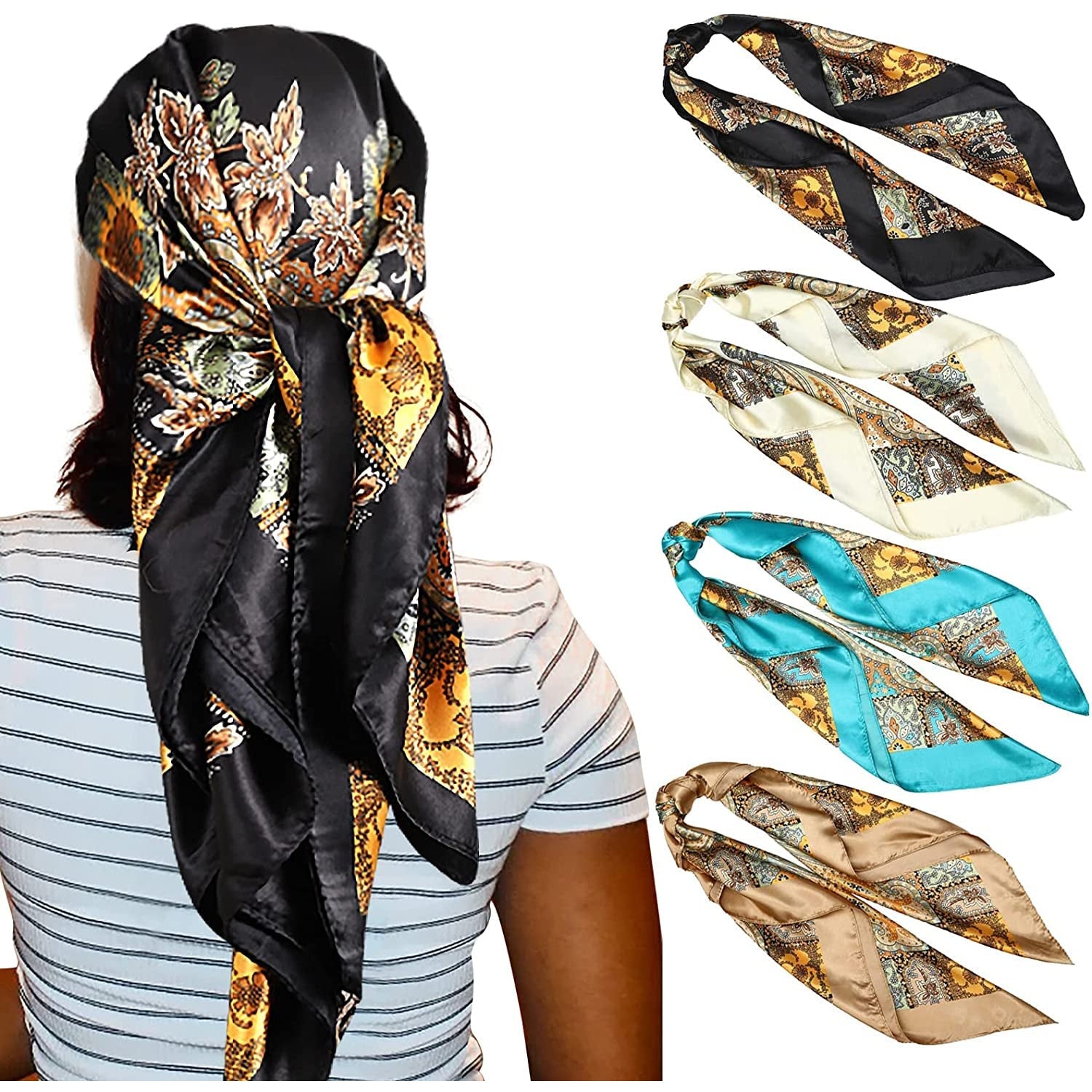 35 Inches Women Head Scarf Hair Bandanas - 4PCS Square Satin Head Scarves for Women Silk like Hair Kerchief Banadanas