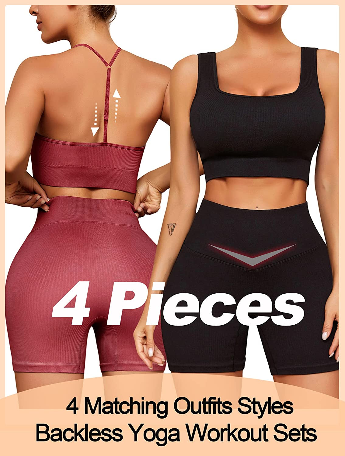 Workout Outfits Sets for Women 4 Piece Seamless Backless Tank Sport Bra High Waist Short Yoga Gym Matching Active Set