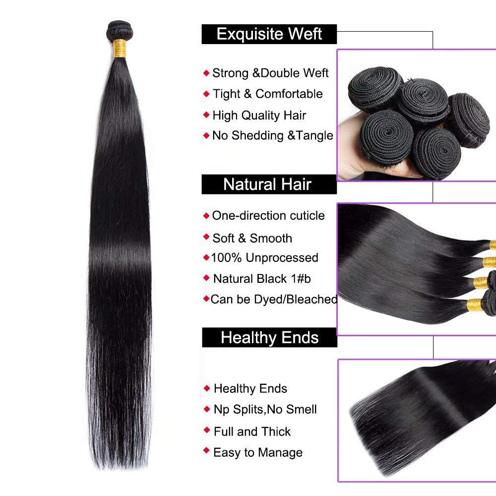 12A Straight Hair Bundles Brazilian Straight Human Hair Bundles(30 32 34) 100% Unprocessed Virgin Straight Hair Weave 3 Bundles Natural Black