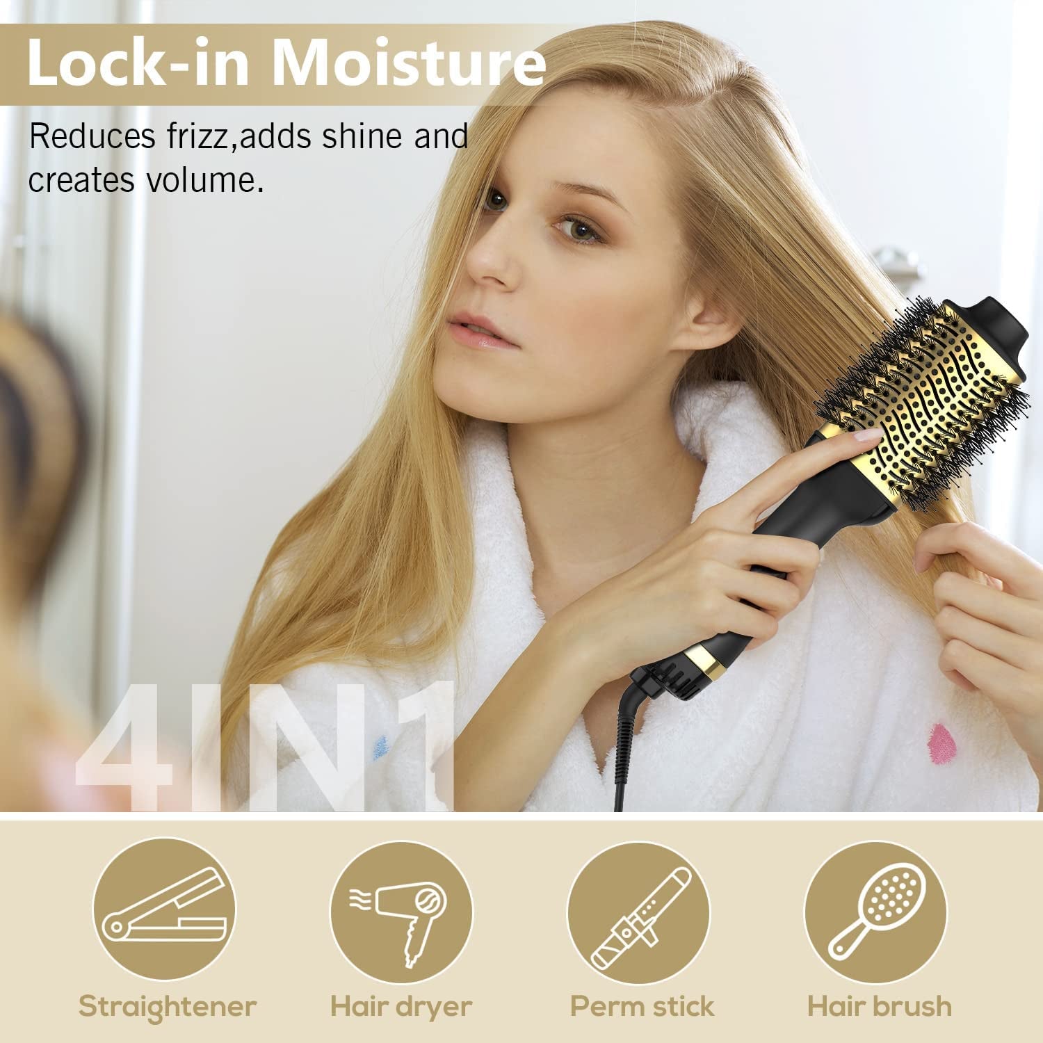 Hair Dryer Brush, Lpstea 4 in 1 Hot Air Brush, One Step Hair Dryer & Styler Volumizer with Enhanced Titanium Barrel, Blow Dryer Brush for Women (Gold)