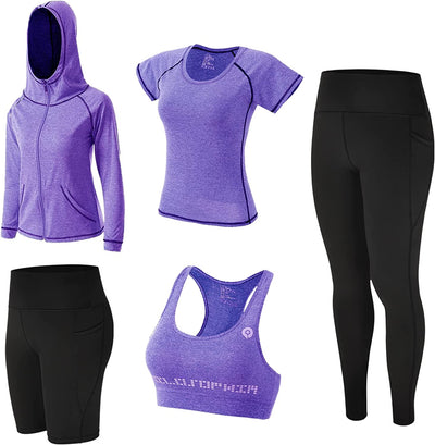 Women'S 5Pcs Sport Suits Fitness Yoga Running Athletic Tracksuits
